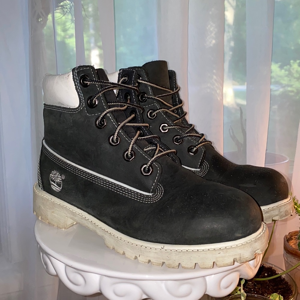 Black and white timberland boots